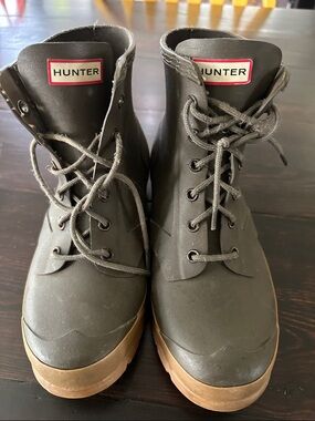 Hunter Olive Lace-Up Rubber Boots with Tan Soles